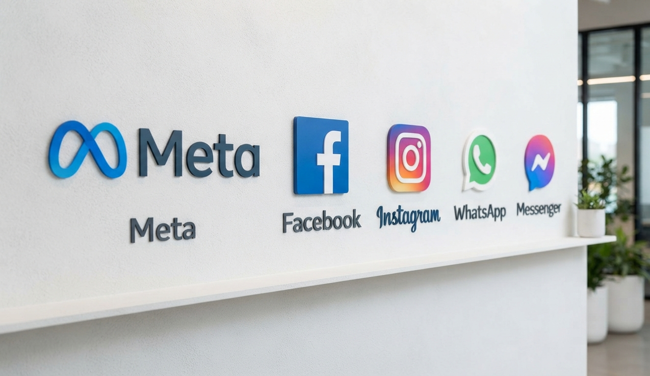 Parede com logos das plataformas da Meta e do WhatsApp